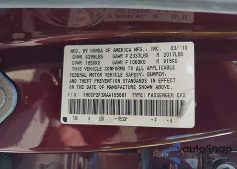 2010 Honda Accord 2.4 Lx from USA, damaged, VIN 1HGCP2F3XAA105681
